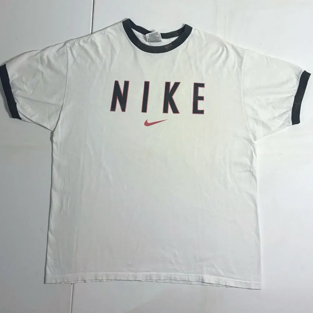 Vintage 90s Y2K Made In USA Nike Large White Ringer Tee Rare White Tag VTG